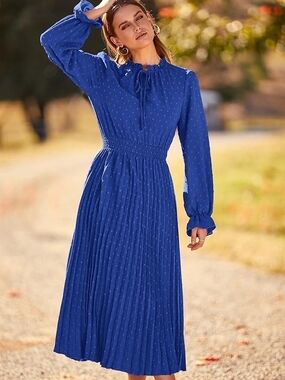 Cobalt Blue Long-Sleeve Pleated Midi Dress with Tie Neck
